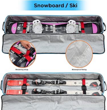 Чохол для сноуборду XCMAN для подорожей літаком – повністю м'який, водонепроникний, для сноуборду та черевиків, чорний, 165 см