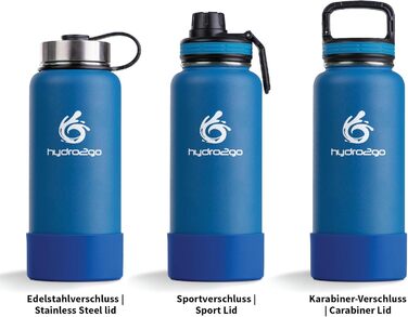 Герметична термос-пляшка з нержавіючої сталі hydro2go X-AlpsBottle 1 л, вакуумна ізоляція, 3 кришки, подвійні стінки, спортивна пляшка для напоїв, блакитна