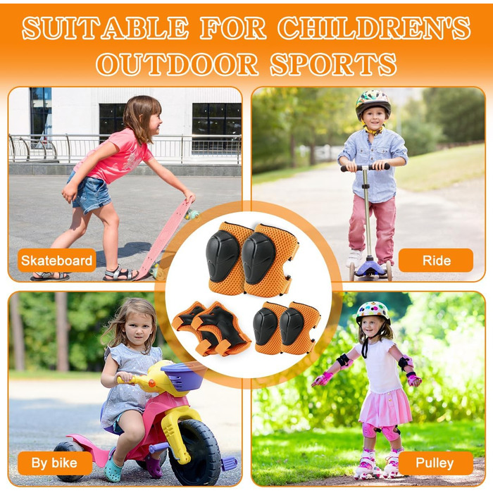 Набір наколінників Kinder 6 в 1: захист для колін, ліктів та зап'ясть. Підходить для скейтбордингу, роликів, самокатів та велосипедів (помаранчевий)