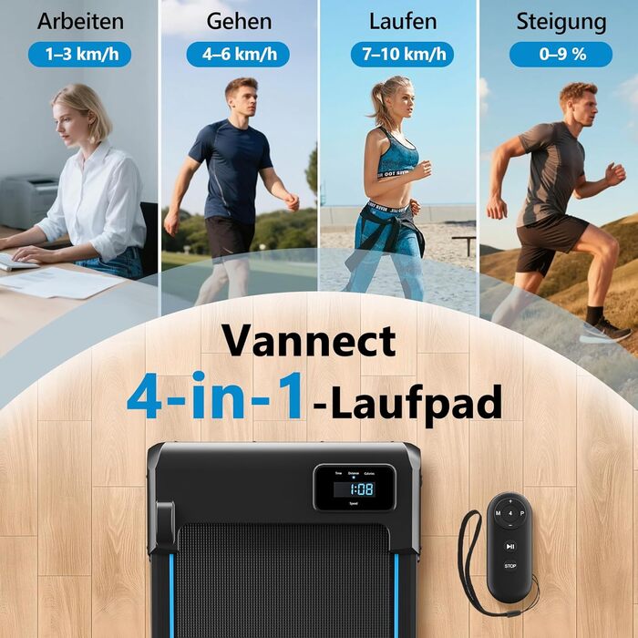 Walking Pad VANNECT: компактний біговий тренажер для дому з регулюванням нахилу, LED-дисплеєм та пультом керування. Максимальне навантаження 150 кг, без монтажу.