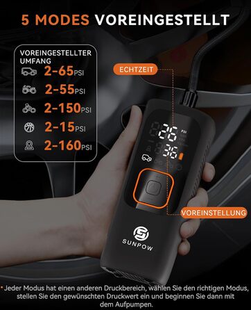 Електричний портативний компресор SUNPOW 7500mAh, 160 PSI для авто, велосипедів, з LCD дисплеєм, LED підсвіткою, Powerbank, 12V DC, автоматичне вимкнення