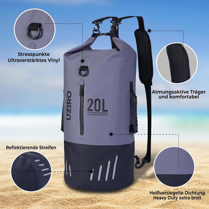 Водонепроникний рюкзак UZIRO 20L, Dry Bag, сірий