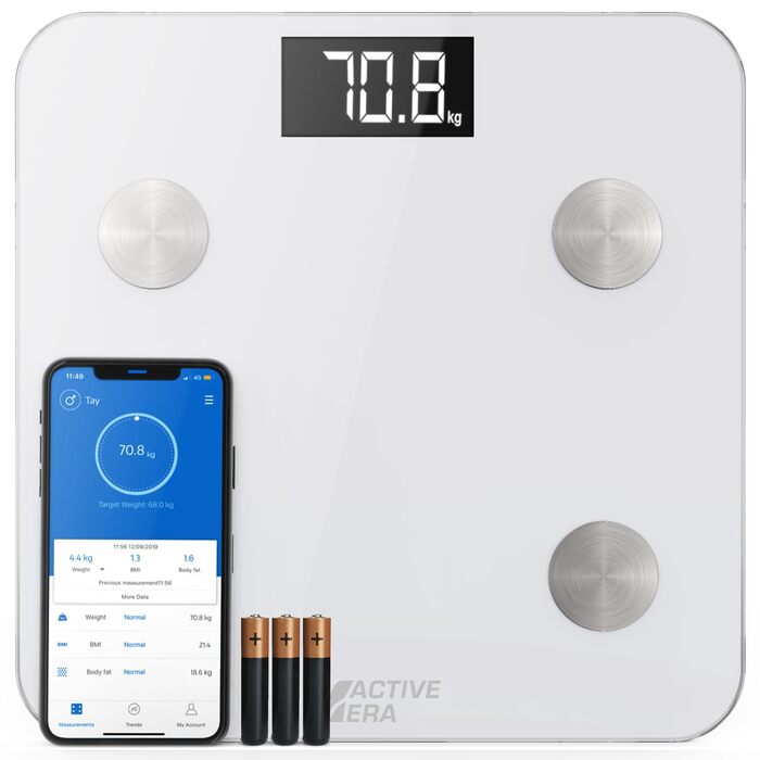 Bluetooth вага Active Era з великим LED дисплеєм, 16 вимірювань, аналізатор складу тіла, індекс маси тіла (BMI), додаток для смартфона, біла