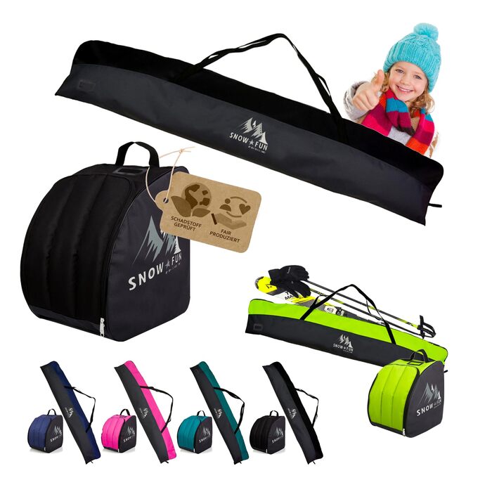 Набір для лижного спорту BambiniWelt для дітей 125 см: сумка для лиж та черевиків, рюкзак, відділення для шолома та маски – для гірськолижного спорту (чорний/чорний, 145 см)