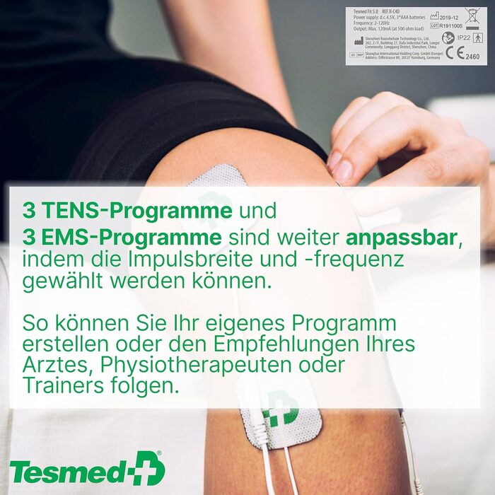 Електростимулятор м'язів TESMED Fit: EMS, TENS, масаж (3 в 1), 22 програми, 6 налаштовуються, для зняття болю та стимуляції м'язів живота, сідниць та грудей. Комплект з 8 електродів.