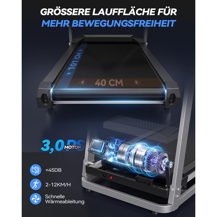 Біговий доріжки для дому Cardirun 3.0PS, 12 км/год, нахил 10%, до 160 кг, LED-дисплей, APP, Bluetooth, тиха, срільно-чорний