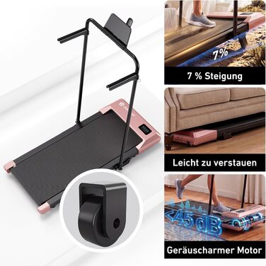 Бігова доріжка DeerRun Walking Pad з нахилом 6% для дому та офісу, компактне підстільне Laufband з LED-дисплеєм, пультам та підтримкою додатка, до 136 кг, світло-рожева
