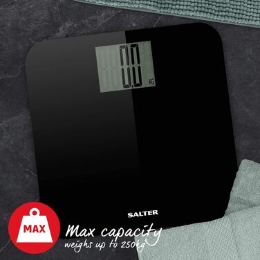 Електронна вага для ванної Salter 9049 BK3R, 250 кг, чорна, велика платформа, точне вимірювання, Step-On технологія