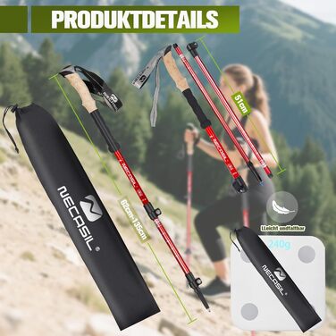 Телескопічні палиці для скандинавської ходьби з алюмінію, регульовані та складні, з корковими ручками для жінок та чоловіків, 62–135 см, червоні (Upgrade 2025)