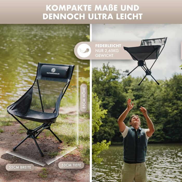 Складний туристичний стул NaturBummler Cloud Sit Light – ультралегкий (2,65 кг), дихаючий, з сумкою, 120 кг, для відпочинку на природі, риболовлі, саду (сірий)