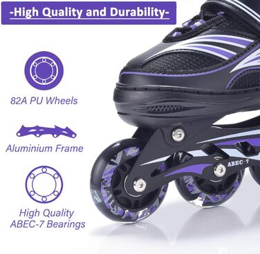 Дитячі ролики ERAN з регулюванням розміру. Роликові ковзани, регульовані на 4 розміри для дівчаток/хлопчиків/дітей, для використання в приміщенні та на вулиці, фіолетовий колір