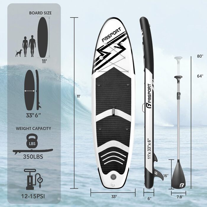 SUP дошка надувна FBSPORT, комплект для Stand Up Paddling 15 см, з регульованим алюмінієвим веслом та насосом