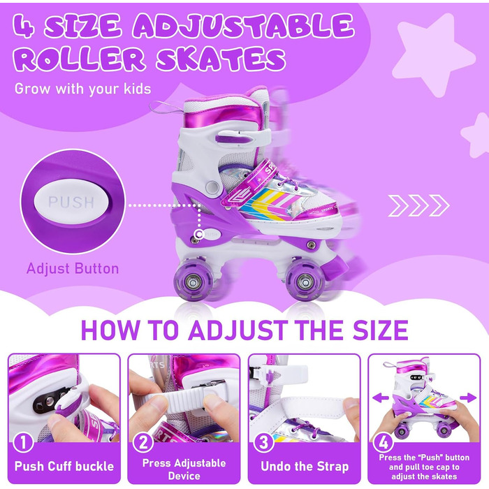 Дитячі ролики Kinder з регулюванням, 8 світлодіодних коліс, ролики Quad для дівчаток та хлопчиків, для початківців, внутрішнє та зовнішнє використання (S (EU28-32), фіолетовий)