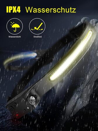 UNBON LED налобний ліхтар з акумулятором, перезаряджається через USB-C, надзвичайно яскравий, 5 режимів освітлення, датчик руху, водонепроникність IPX4, легкий, для піших прогулянок, бігу, риболовлі, 1 шт.