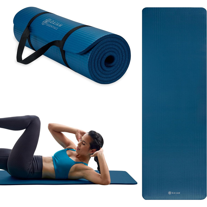 Yogamat Gaiam Essentials товстий 1 см, синій (183x61 см) для йоги та фітнесу з ременем