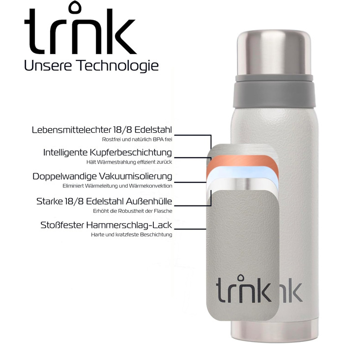 Термос trnk Outdoor polar 2, 750 мл, нержавіюча сталь, BPA-free, з 2 чашками, тримає тепло 24 год, для напоїв, сірий