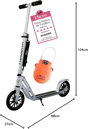 Самокат HUDORA BigWheel 205 алюмінієвий, складаний, для дітей і дорослих, до 100 кг, регульована висота, з/без замка