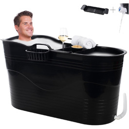 HelloBath® мобільна ванна для дорослих XL 122x56x64 см, з поличкою та кошиком для мила, зручна сидяча ванна для глибокого розслаблення, для ванної кімнати та вулиці, ультра-чорна