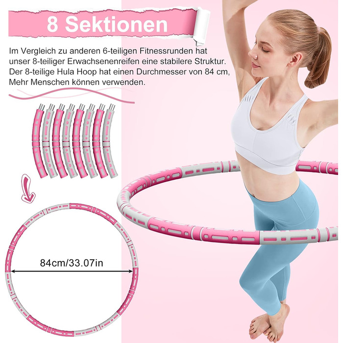 Обруч Hula Hoop TvvaaFog для дорослих і дітей, 1,2 кг, 8 знімних секцій, масажний, посилений сталевий сердечник, червоно-сірий