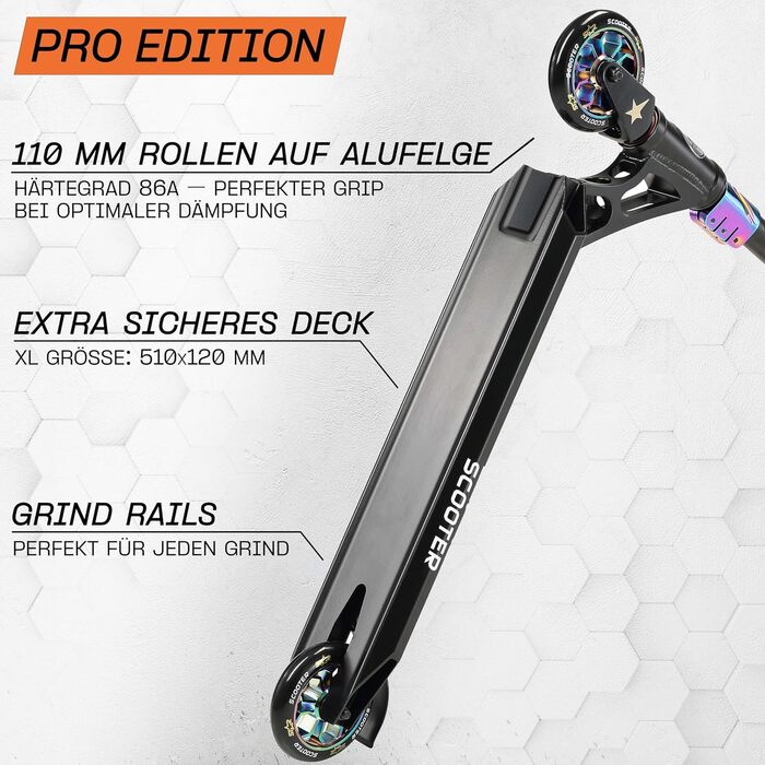 Трюковий самокат STAR SCOOTER 110 мм, алюмінієвий, ABEC-9, HIC, для дітей від 8 років, чорний хром