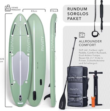 Надувна SUP-дошка FAVVITY Allrounder Comfort 150 кг, напівкарбон, ультралегка, стильний дизайн, 7 років гарантії, салатово-зелена