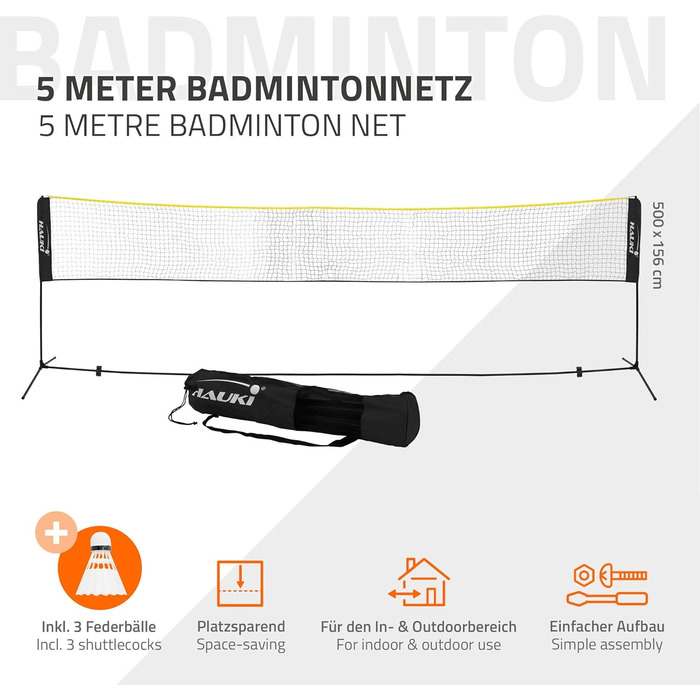 Мережа для бадмінтону та тенісу Hauki 400/500 см, чорно-синя, з сіткою для волейболу, 3 волани, сумка, сталевий каркас