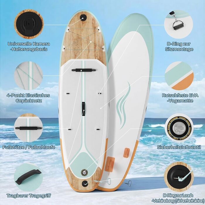 Надувний SUP-борд JUMMICO 320x80x15 см з каяком, веслом та аксесуарами до 160 кг, м'ятний з деревним малюнком