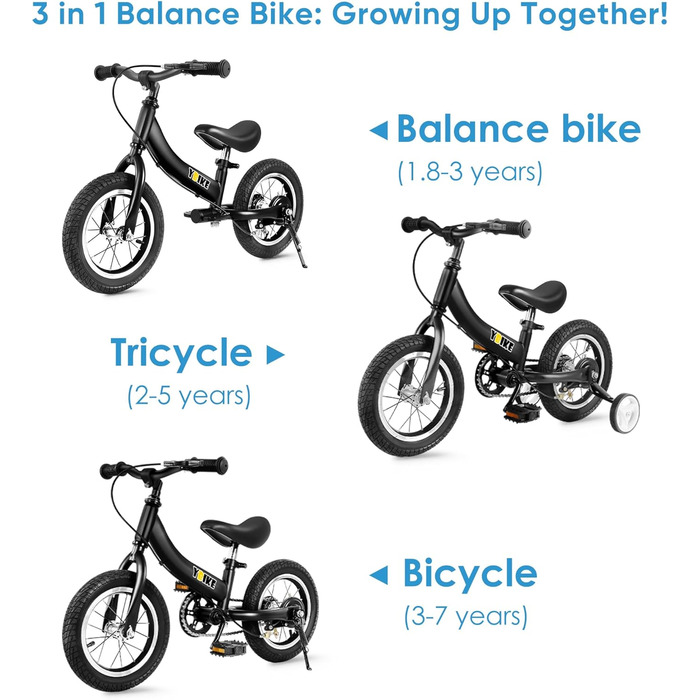 YBIKE 2-в-1: Біговел та дитяче велосипед, 12/14/16 дюймів, з гальмом та педалями, для дітей 1-7 років (Чорний, 16 дюймів)
