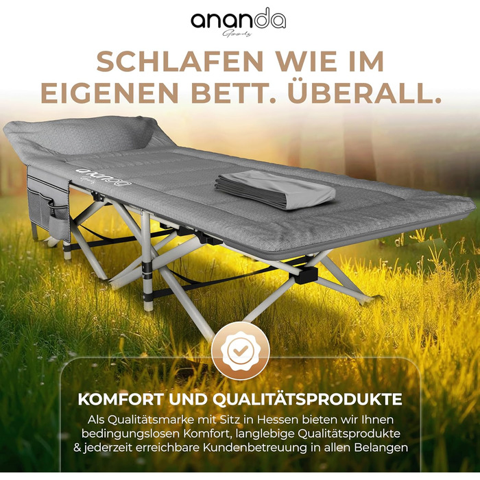 Розкладне ліжко Ananda Goods® для кемпінгу та гостей з матрацом – 190x70 см, карпове ліжко, туристичне ліжко, ліжко з бавовняно-льоновій матрац та простирадлом