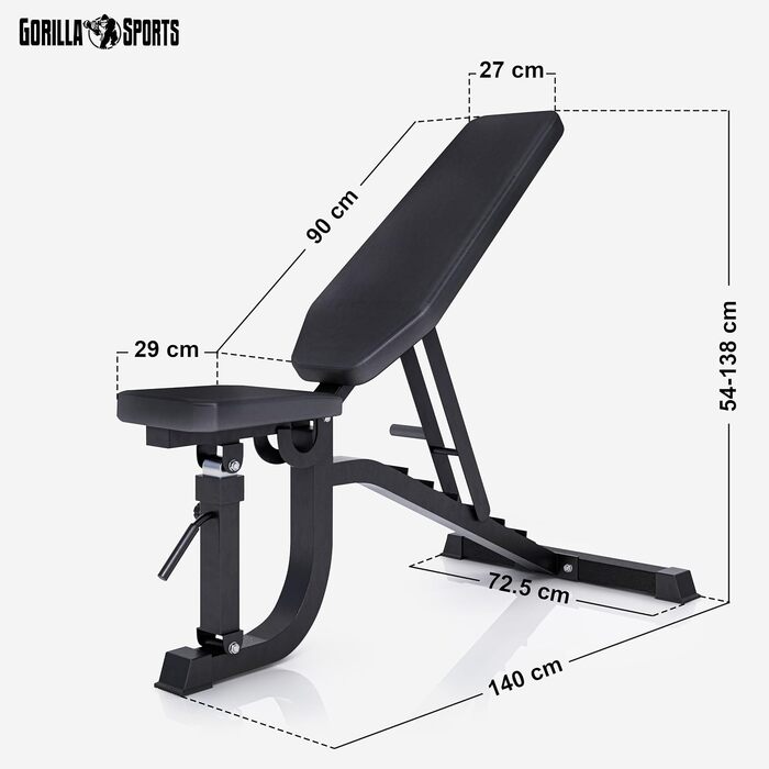 GORILLA SPORTS® універсальна лавка для жиму, сталева, чорна, 7-рівнева спинка, 5-рівневе сидіння, 140x72,5x54-138 см, багатофункціональна фітнес лава для тренувань, шраґ, плоска, негативна