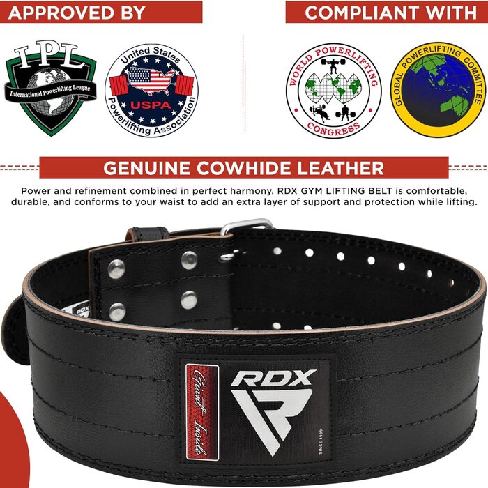 Шкіряний пояс для важкої атлетики RDX 4”, сертифікований IPL USPA, 12 отворів, 6 мм, для пауерліфтингу, бодібілдингу та фітнесу, чорний, розмір L, для чоловіків і жінок