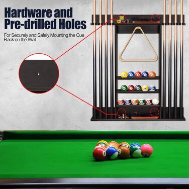 Стенд для київ та м'ячів для більярдного столу, бамбуковий, на 8 київ, з набором куль, органайзер для більярдного залу або клубу, темно-коричневий