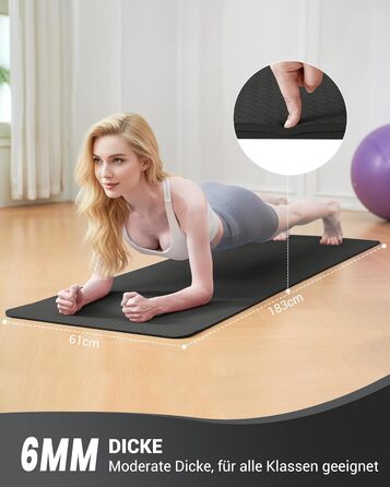 Йога мат для жінок Good Nite: неслизька поверхня, товщина 6 мм, 183x61 см, з чохлом, TPE, для йоги, пілатесу, фітнесу, чорний