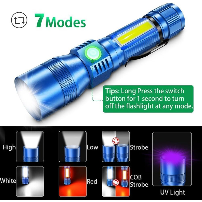Ліхтарик Karrong LED з USB-зарядкою: Ультрафіолетовий (UV 395нм) та червоний світло, 7 режимів, магнітний корпус, акумулятор, для кемпінгу та походів (Синій, 2 шт)