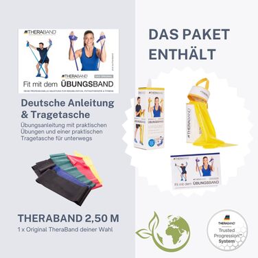 Theraband Оригінальні фітнес-стрічки 2,5 м, 100% натуральний латекс, жовті, для реабілітації, тренування м'язів, загального фітнесу, з чохлом та інструкцією