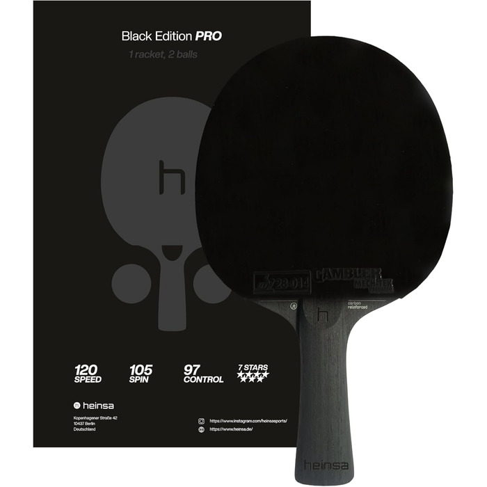 Тенісний стіл Heinsa Black Edition Pro з карбоном та гумою Mech-Tek Predator (2,1 мм), сертифікований ITTF – обертання, швидкість та контроль