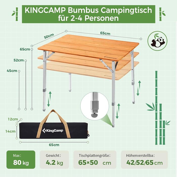 Складний столик KingCamp з бамбука з UV-захистом, регульований по висоті, для кемпінгу, саду, грилю, пікніка, офісу (100x72 см/120x70 см), 3 висоти
