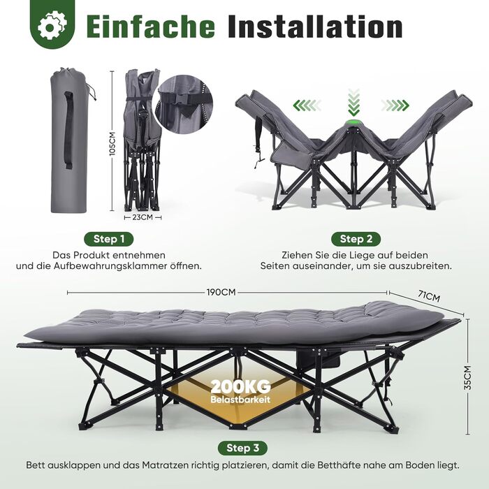 Розкладне ліжко Sekey для кемпінгу XXL, 190 x 71 x 35 см: міцний каркас зі сталі, якісна тканина Oxford, з матрацом, ідеально для гостей, кемпінгу та саду