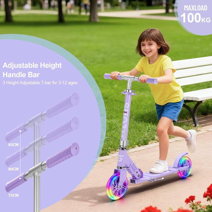 Самокат дитячий SUOTU з колесами 145 мм, до 100 кг, світлодіоди, складаний, регульована висота, для хлопчиків та дівчаток, алюмінієвий (Фіолетовий)