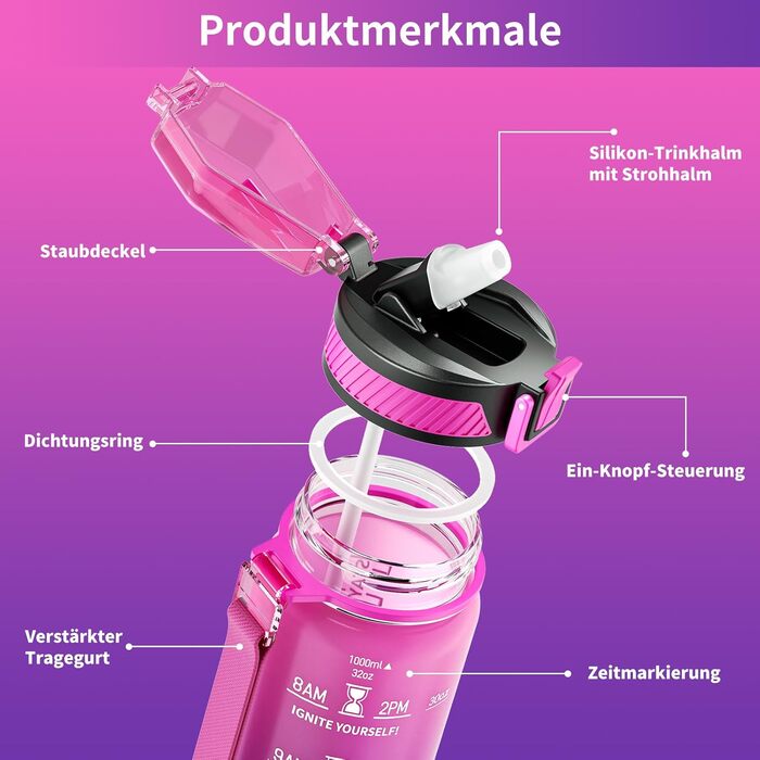 Спортивна пляшка для води 1л Tritan з трубочкою, без BPA, з маркуванням часу та щіткою, фіолетово-рожева