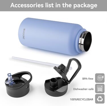 Термос-бутилка MURBONE з нержавіючої сталі 1.2 л, 2 кришки, трубочка, BPA Free, герметична, для газованої води, вакуумна ізоляція, набір 4 шт. — для спорту, подорожей, кемпінгу