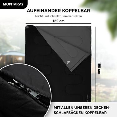 Спальний мішок туристичний, 100% бавовна, до -3°C з подушкою. Підходить для жінок та чоловіків. Розмір 75x190 см, 3-4 сезони, теплий, чорний.