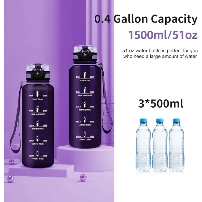 Спортивна пляшка для води Grsta 1,5 л, BPA Free, з фільтром і мітками часу, для газованої води, герметична, для спортзалу, школи, офісу та вулиці, темно-фіолетова
