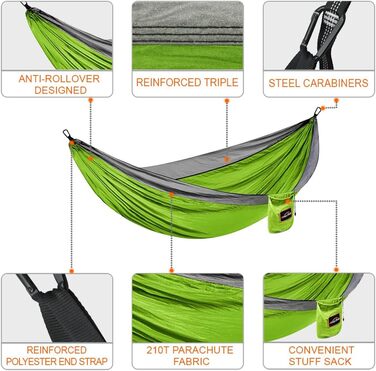 Гамак Anortrek Outdoor для 2 осіб, 300x200 см, до 249 кг, Ultraleicht, з ременями для дерев, дихаючий нейлон, для кемпінгу, подорожей, пікніків, садівництва, зелено-сірий