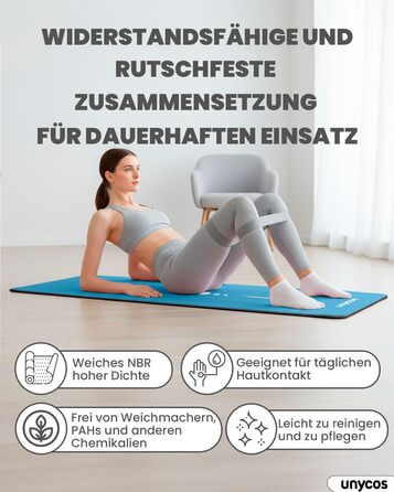 Килимок для йоги Unycos з неслизькою поверхнею | Висока щільність 6/10/15 мм, тренувальний килимок для гімнастики з ременем для перенесення, з електронною книгою. Дружній до шкіри фітнес-килимок для пілатесу, тренувань, спортзалу (#21 Синій + Чорний, 183*