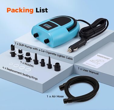 Електричний повітряний насос Sup 12V з автовимкненням та дисплеєм - 20 PSI, 7 насадок для човнів, матраців, басейнів