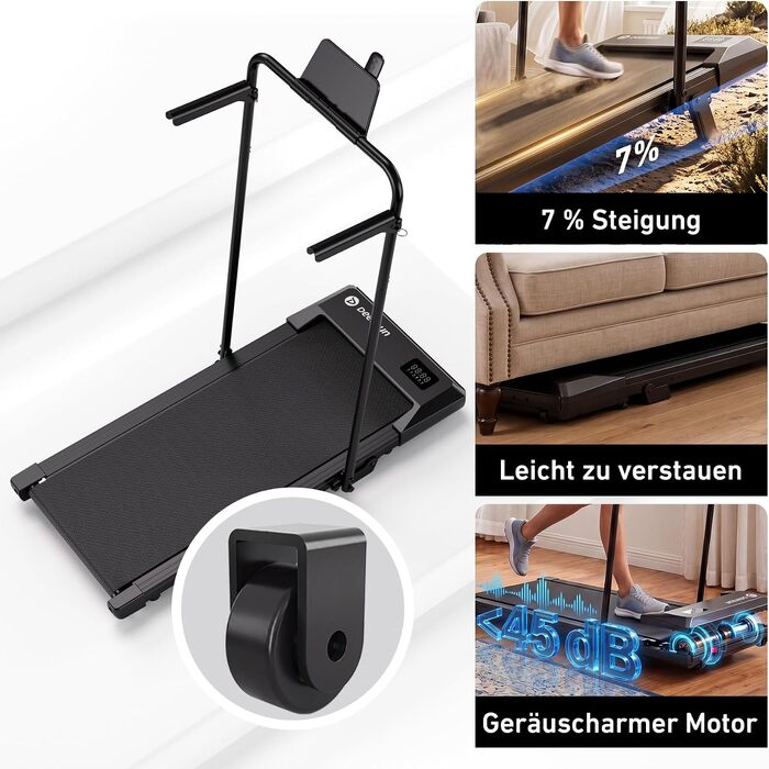 Бігова доріжка DeerRun Walking Pad з нахилом 6% для дому та офісу, компактний тренажер під стіл з LED-дисплеєм, пультам та підтримкою App, до 136 кг (Чорний)