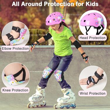 Дитячий шолом Unicorn Castle 7-в-1 з наколінниками, налокітниками та захистом зап'ястків для скейтборду, роликів, велосипеда (рожевий), 3-8 років
