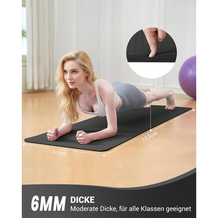 Йога мат для жінок Good Nite: неслизька поверхня, товщина 6 мм, 183x61 см, з чохлом, TPE, для йоги, пілатесу, фітнесу, чорний