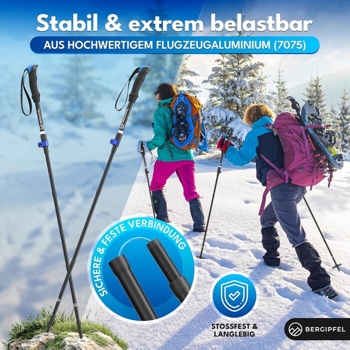 Тeleskopні трекінгові палиці Bergipfel | Ultraleicht 270g | Складаються до 37 см | Регулюються 115–130 см | Алюмінієві палиці для ходьби з аксесуарами для будь-якої місцевості та сумкою | Для жінок, чоловіків, підлітків